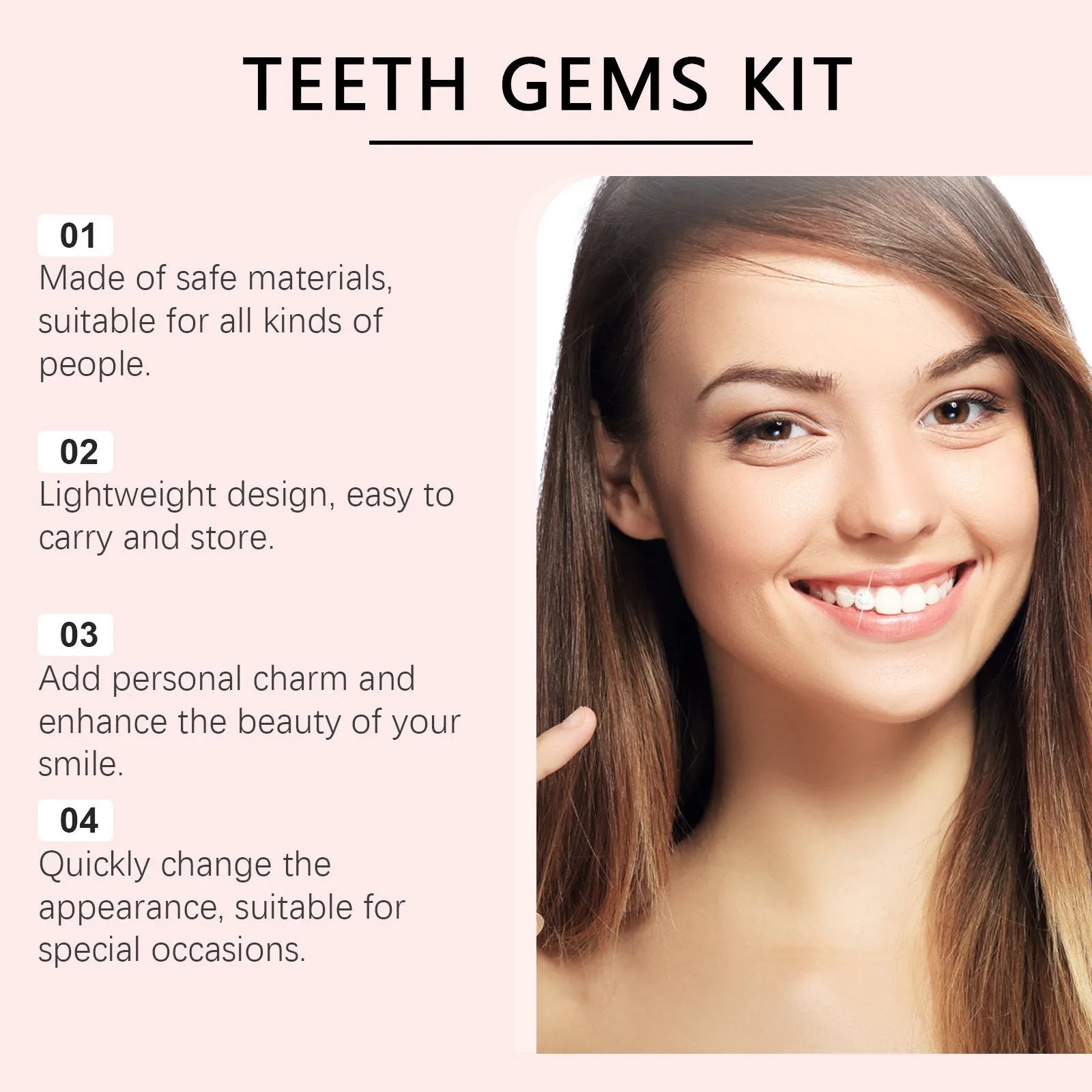 Tooth gem rhinestone DIY kit with UV lamp adhesive gem pen cotton strips and 100 gemstones