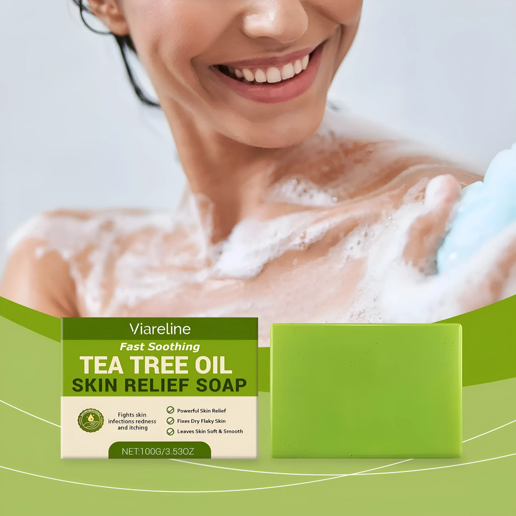 Tea tree oil skin relief soap 100g bar with natural ingredients in simple packaging