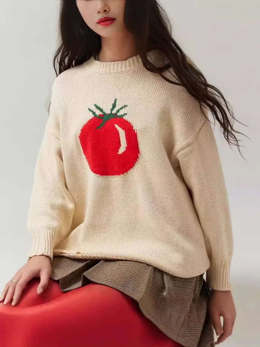 Women's loose-fitting Milky White acrylic pullover sweater with Jacquard pattern and round neck.