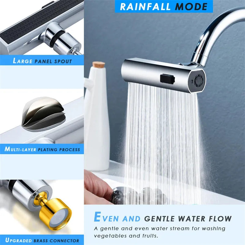 Kitchen faucet waterfall nozzle extension with rotating sprayer in black or silver finish