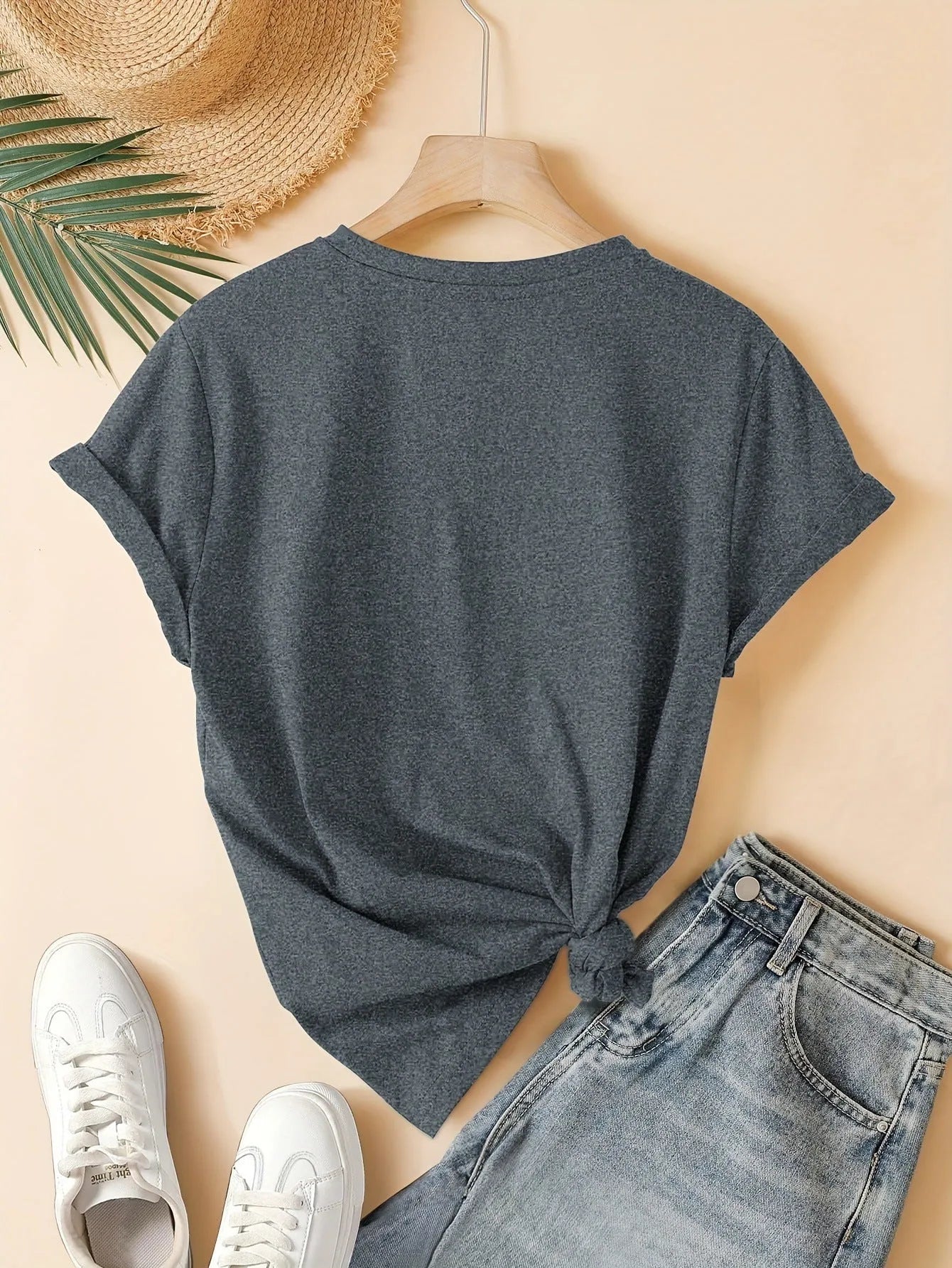 Women's pure cotton short sleeve T-shirt with retro art print in blue.