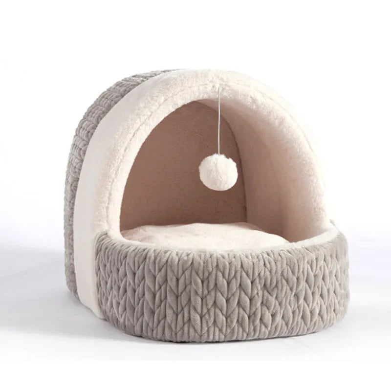 Four Seasons semi-enclosed cat bed in gray cloth for small dogs and cats