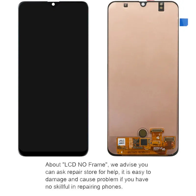 Samsung Galaxy A50 and A50S black smartphone screen replacement assembly showing LCD, frame and digitiser.