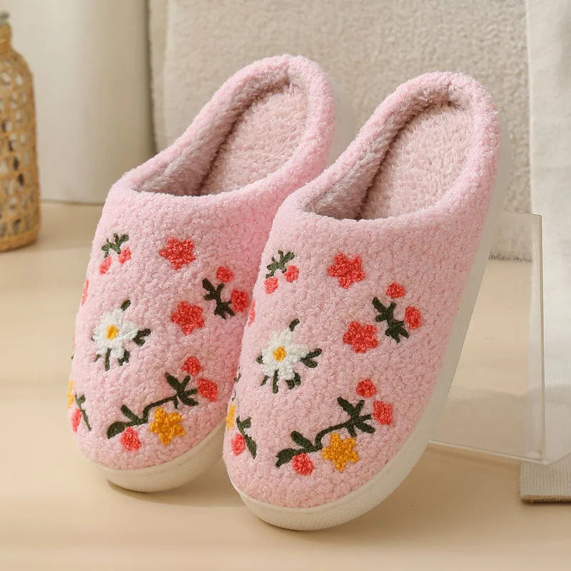 Three-colour flower cotton slippers with plush upper, embroidered detail and TPR sole in sizes 36-45