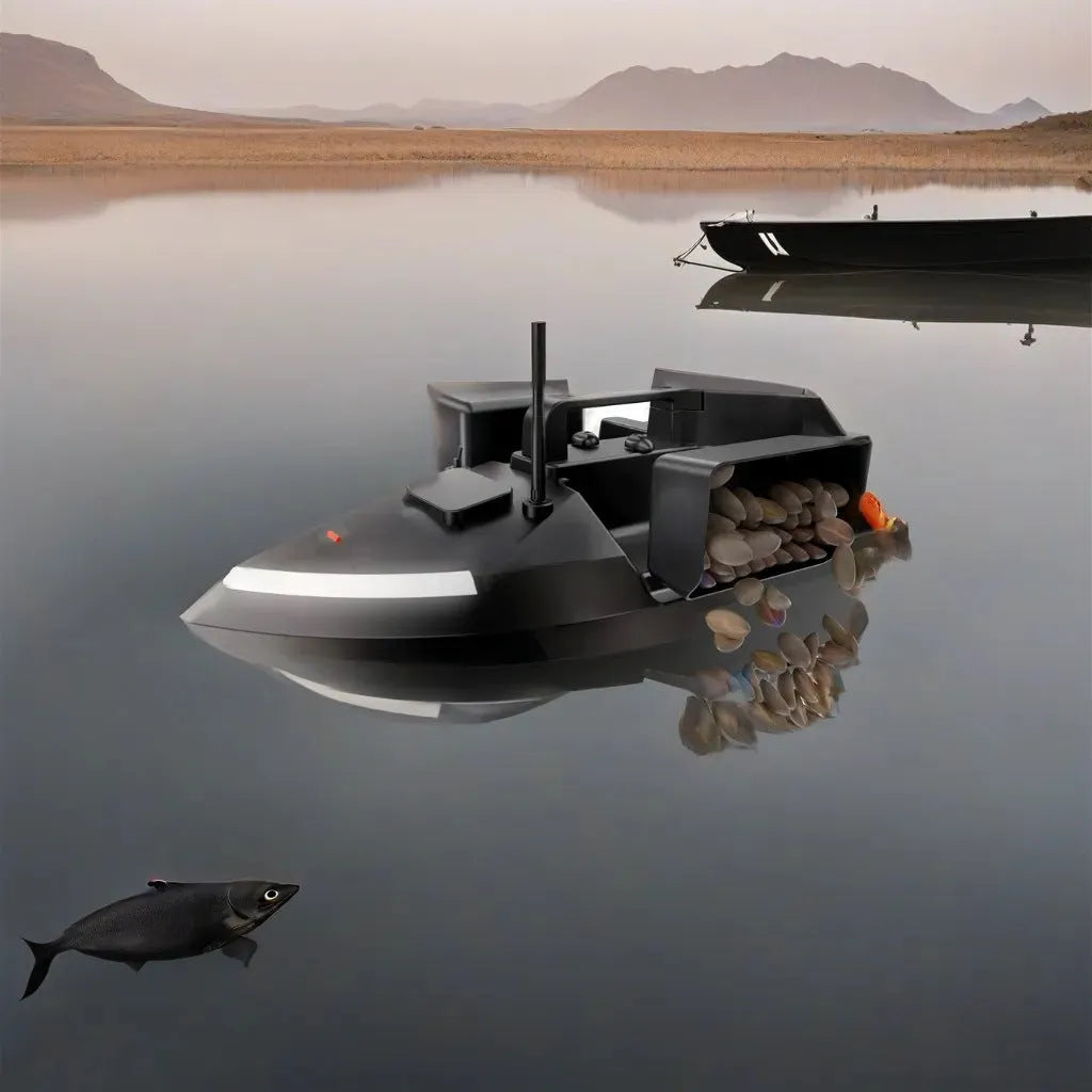 V020 GPS remote control fishing boat with LED light on hull, shown on water with remote.
