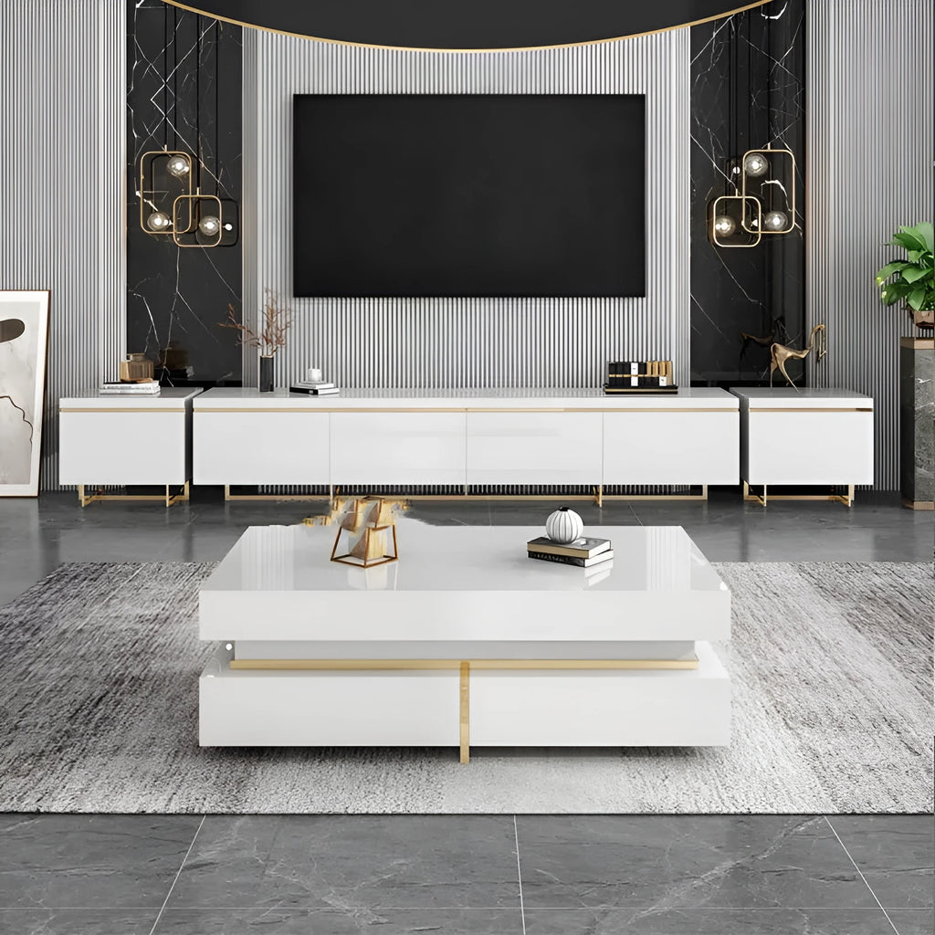 Modern minimalist tempered glass coffee table and TV cabinet set with baking paint finish in multiple sizes