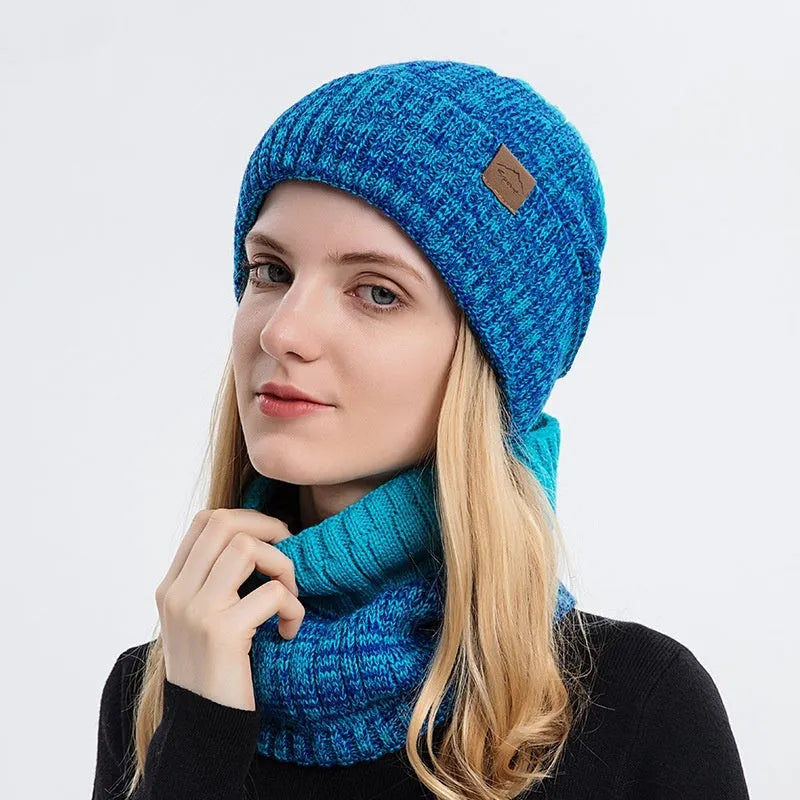 Fleece-lined thickened acrylic winter hat in dome style with matching neck warmer for men
