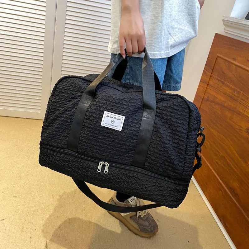 Solid colour ruched travel duffle bag Oxford cloth shoulder bag with dry and wet separation, available in six colours