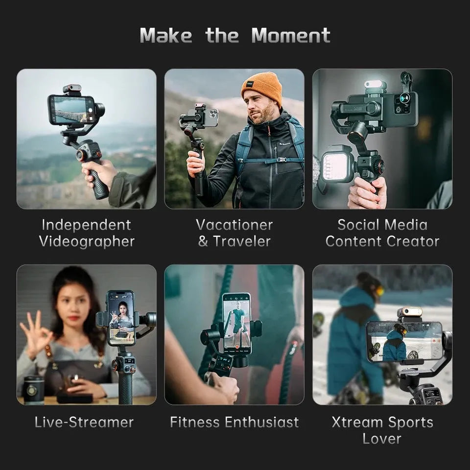 Black three-axis vlog stabiliser with AI face tracking and magnetic fill light for smartphones