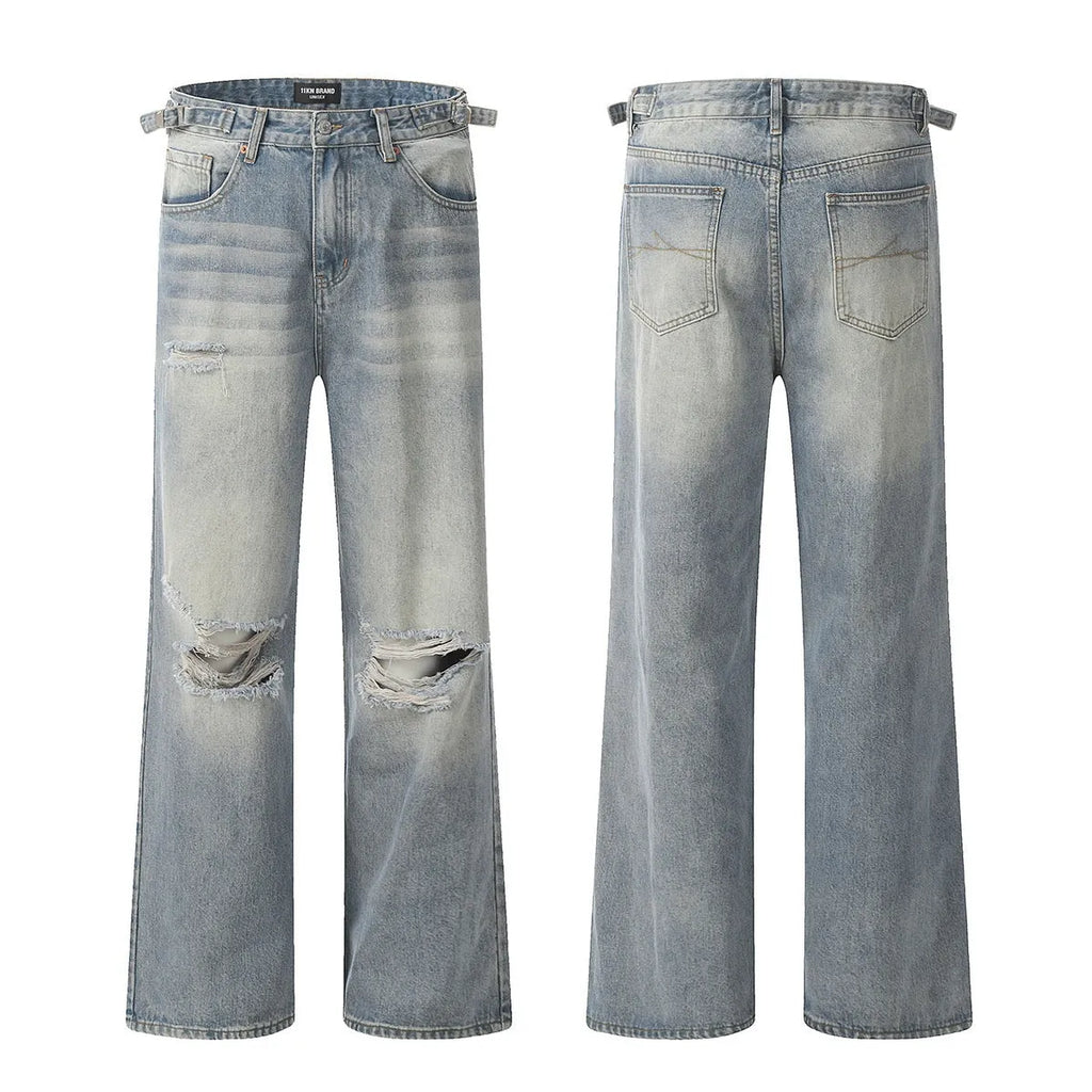 Blue retro straight-leg jeans with ripped details on a mannequin.