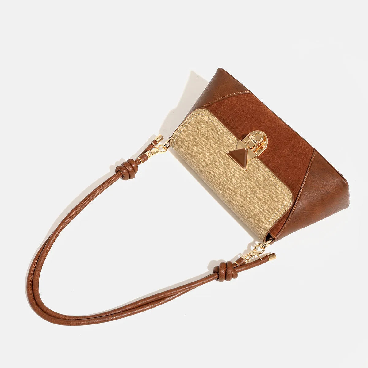 Women's soft PU underarm baguette shoulder handbag in black and caramel colours with single strap