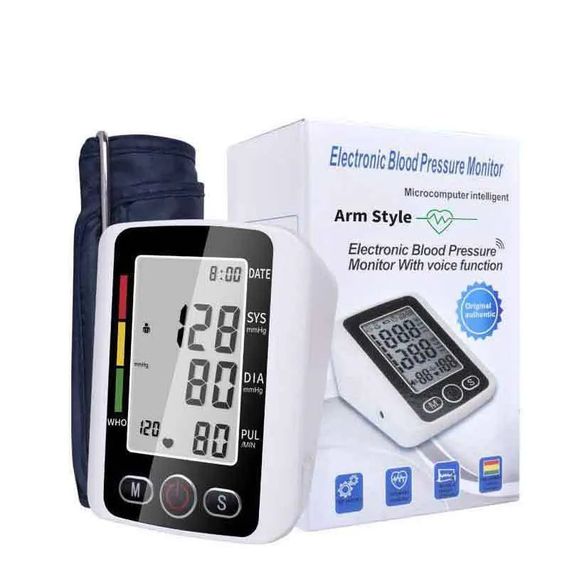 Automatic arm blood pressure monitor with large screen display on a table.