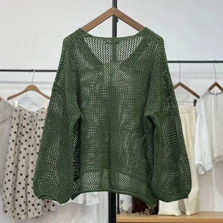 Loose polyester mesh top with 3/4 princess sleeves in green, purple, brown, or apricot white
