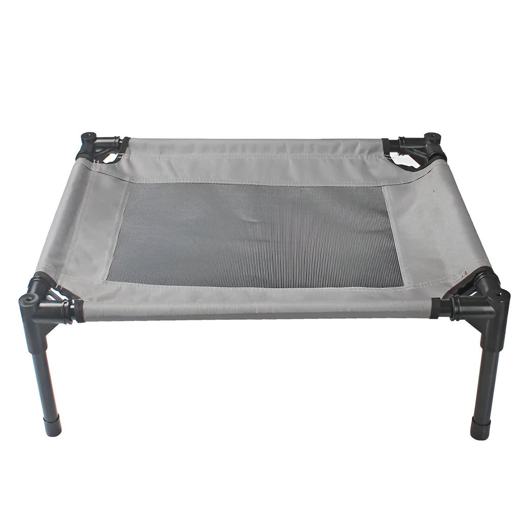 Black outdoor dog bed with steel frame and Oxford cloth cover measuring 55cm by 43cm