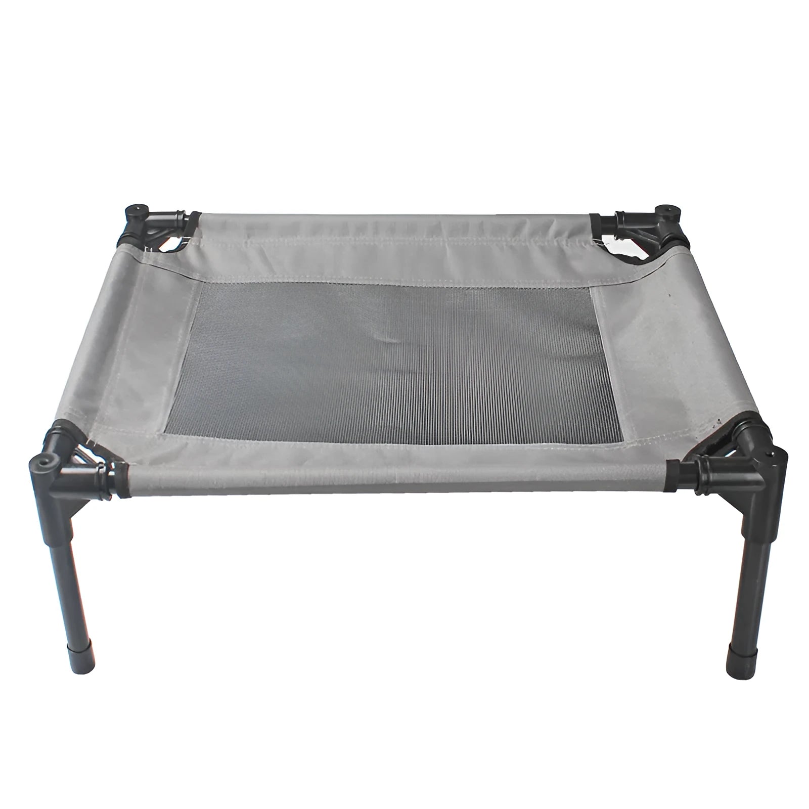 Black outdoor dog bed with steel frame and Oxford cloth cover measuring 55cm by 43cm