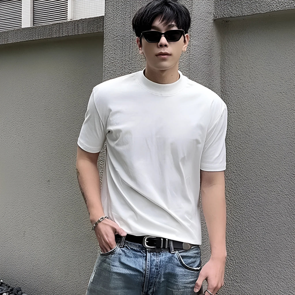 Men's cotton short sleeve t-shirt with half turtleneck and drop-shoulder sleeves in solid colour
