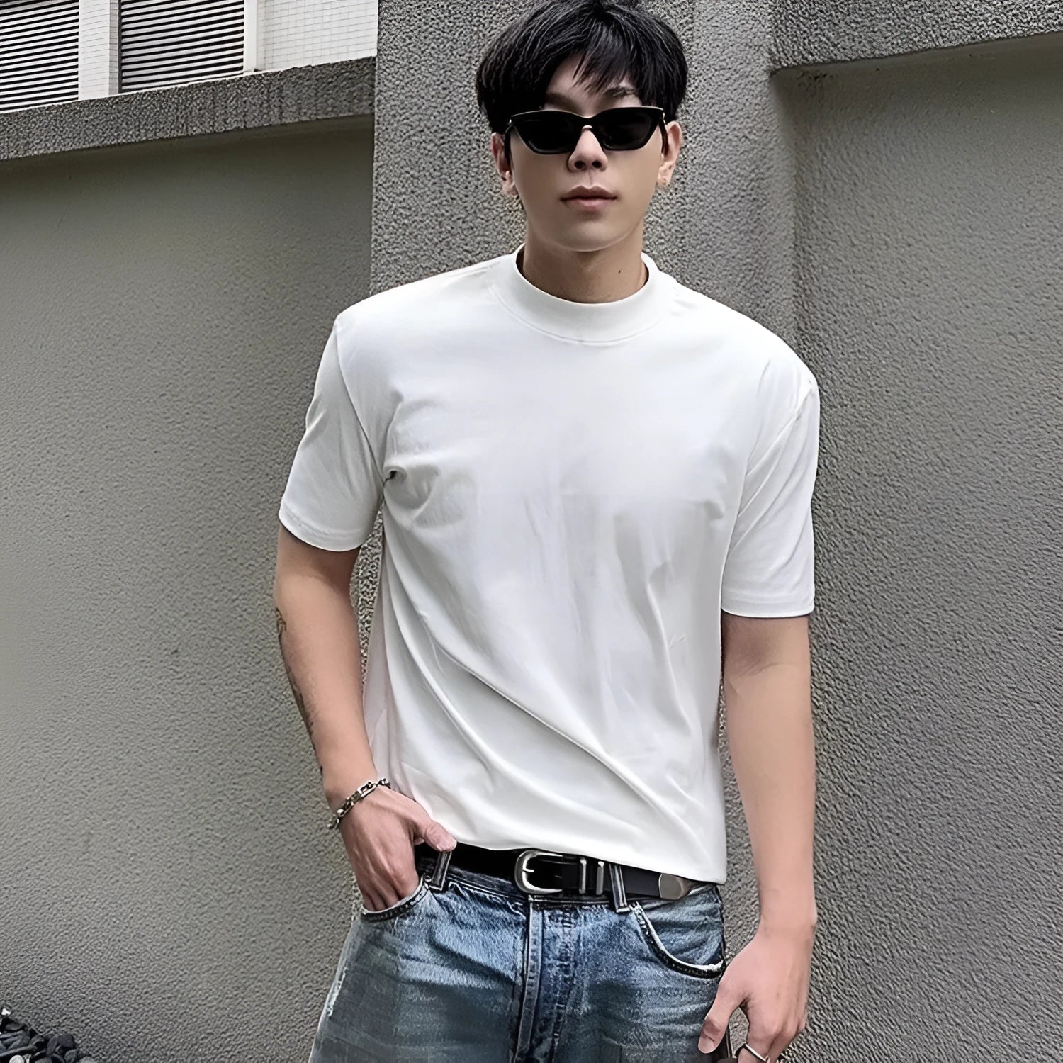 Men's cotton short sleeve t-shirt with half turtleneck and drop-shoulder sleeves in solid colour