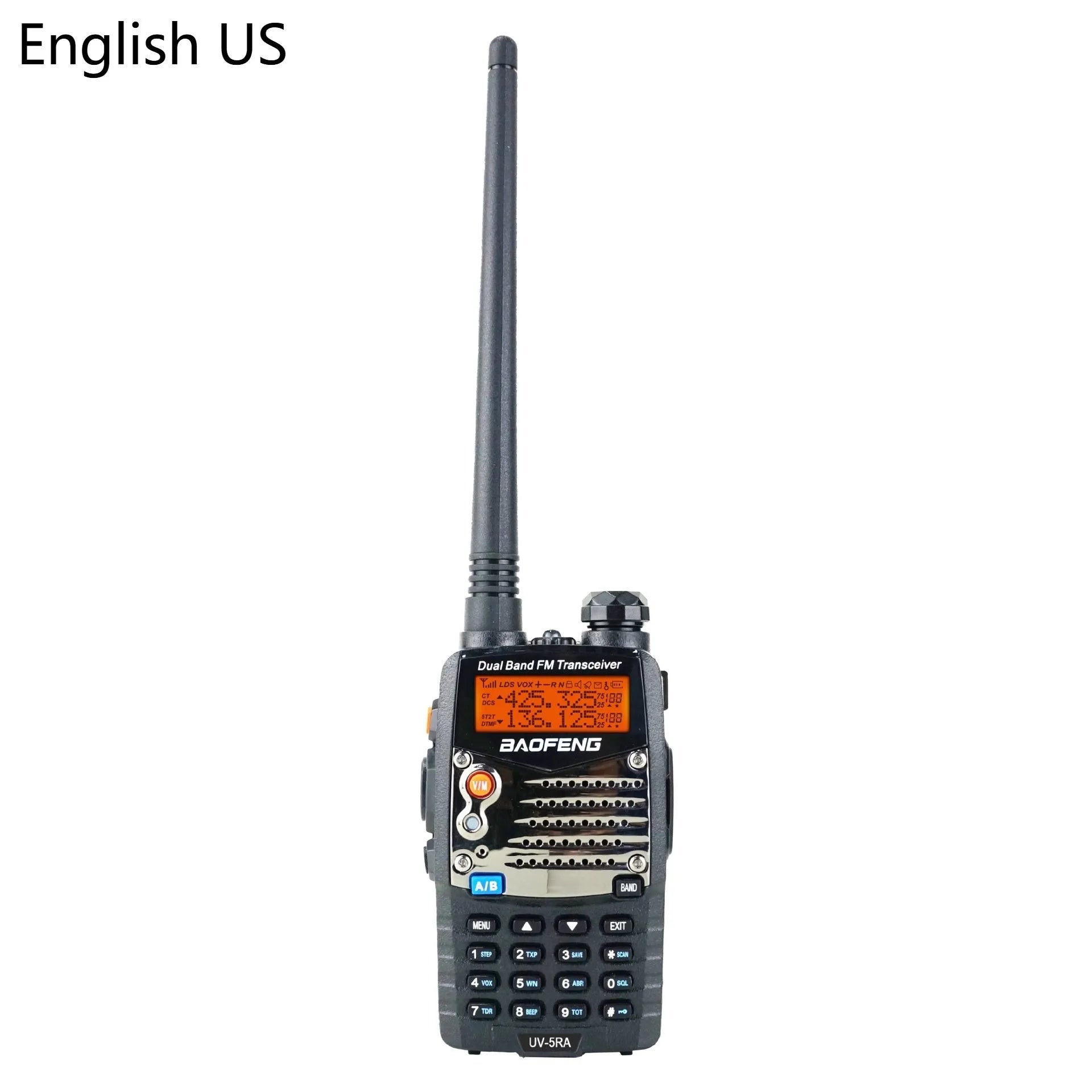 Baofeng UV-5RA black handheld dual-band two-way radio with dual display and antenna