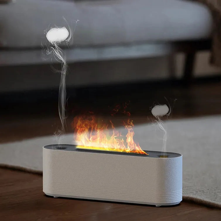 Black or white ultrasonic humidifier and aroma diffuser with LED lights creating flame mist effect.