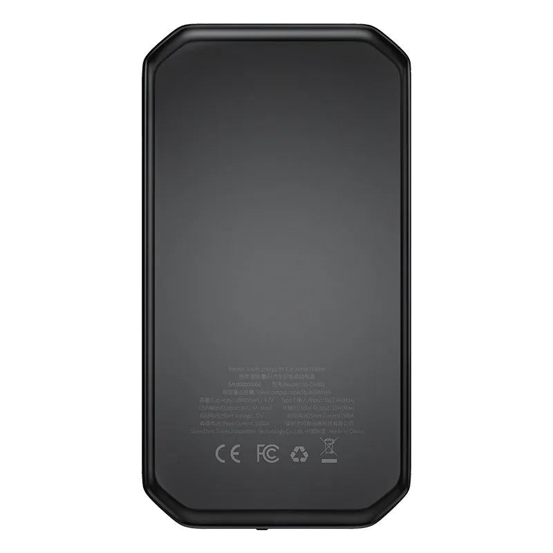 Vehicle mounted emergency lighter jump starter in black with 10000mAh battery and USB Type-C ports