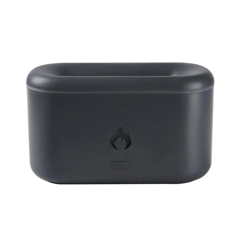 3D flame ultrasonic humidifier with 300ml water tank in white on a wooden desk
