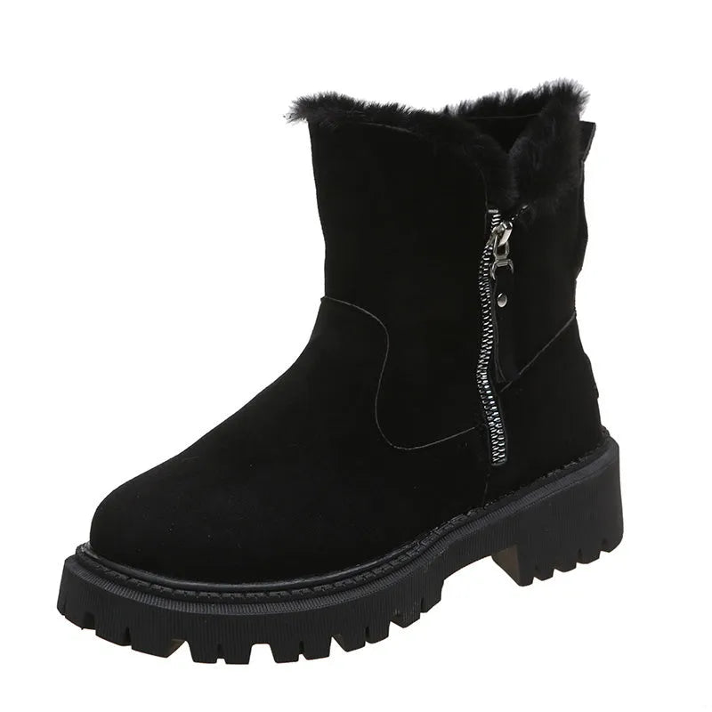 Women's high-top snow boots in black with side zip and thick plush lining