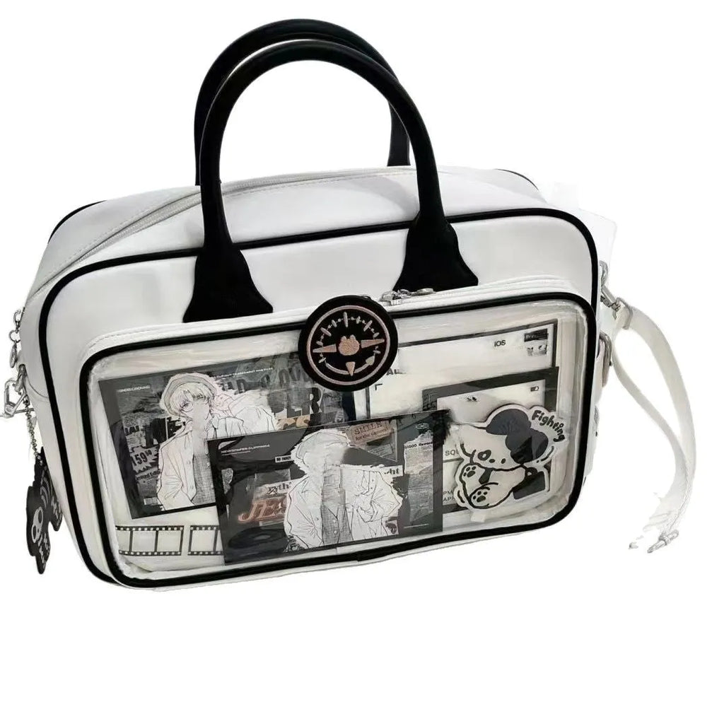 One shoulder crossbody bag PU large capacity 42x24cm black horizontal square style with outer pocket