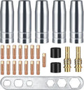 Copper welding nozzle set with 15 conductive nozzles, 5 nozzles, connecting rods, black caps, and board, 19mm length, 230g.