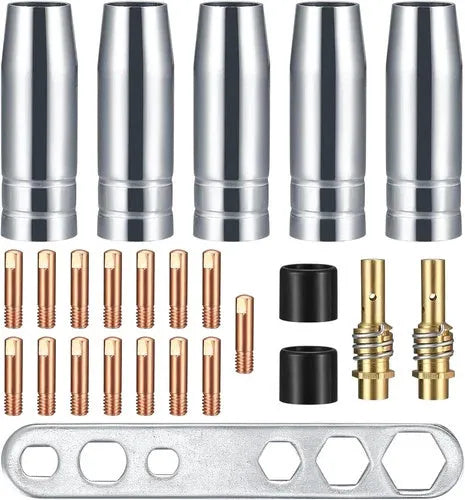 Copper welding nozzle set with 15 conductive nozzles, 5 nozzles, connecting rods, black caps, and board, 19mm length, 230g.