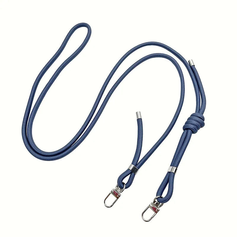 Adjustable crossbody phone lanyard in black with alloy clip, 120-160 cm length, handmade unisex mobile strap