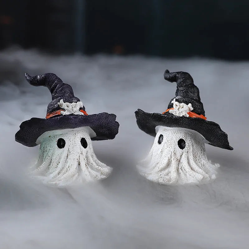 Resin Halloween wizard hat ghost ornament in black or purple colours for seasonal decoration
