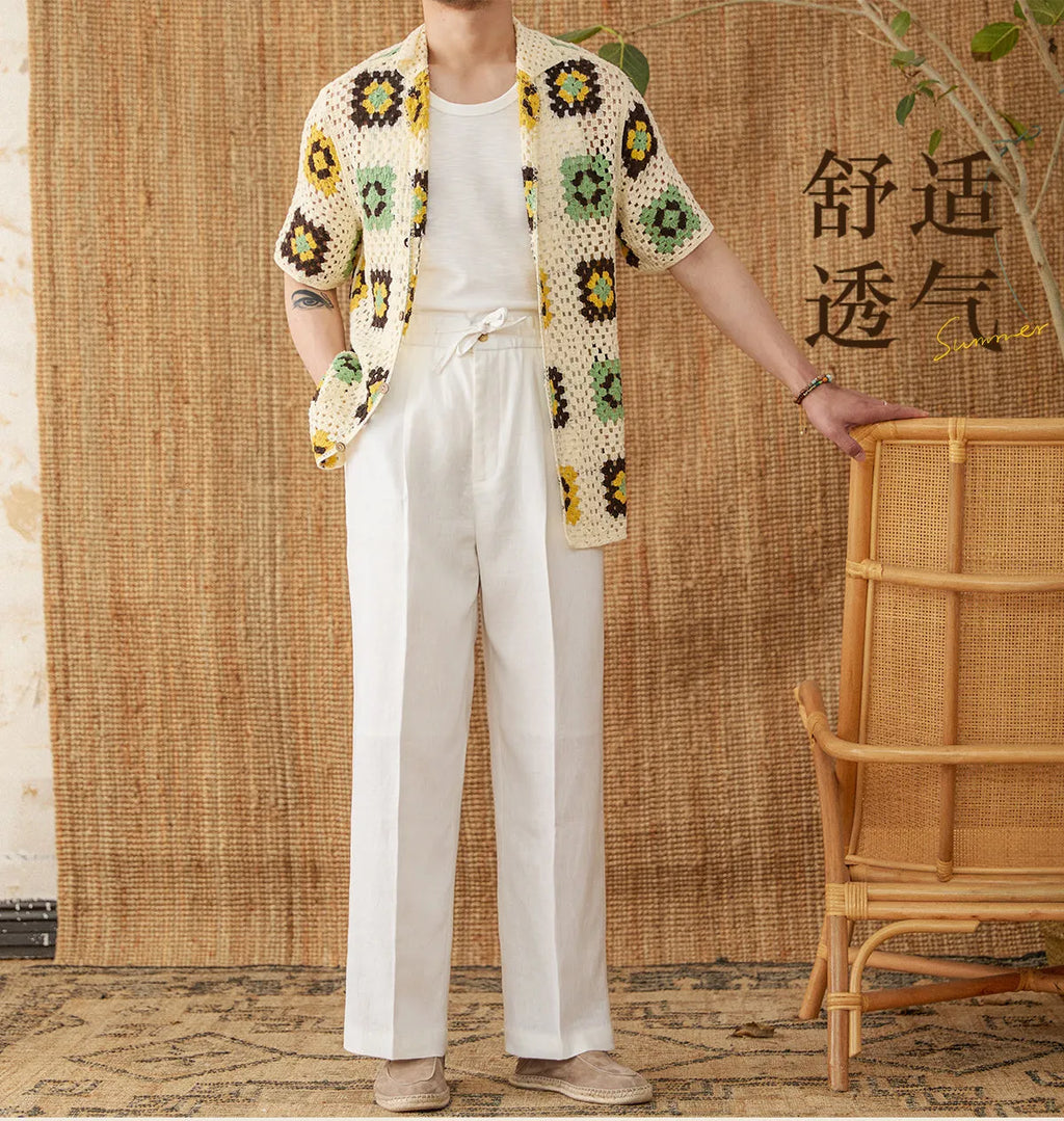 Women's linen trousers with lace trim and elastic waist in straight-leg fit