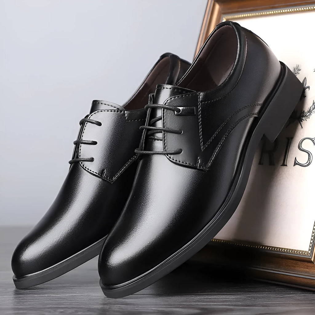 Men's black cowhide leather round toe shoes with non-slip outsole, flat style