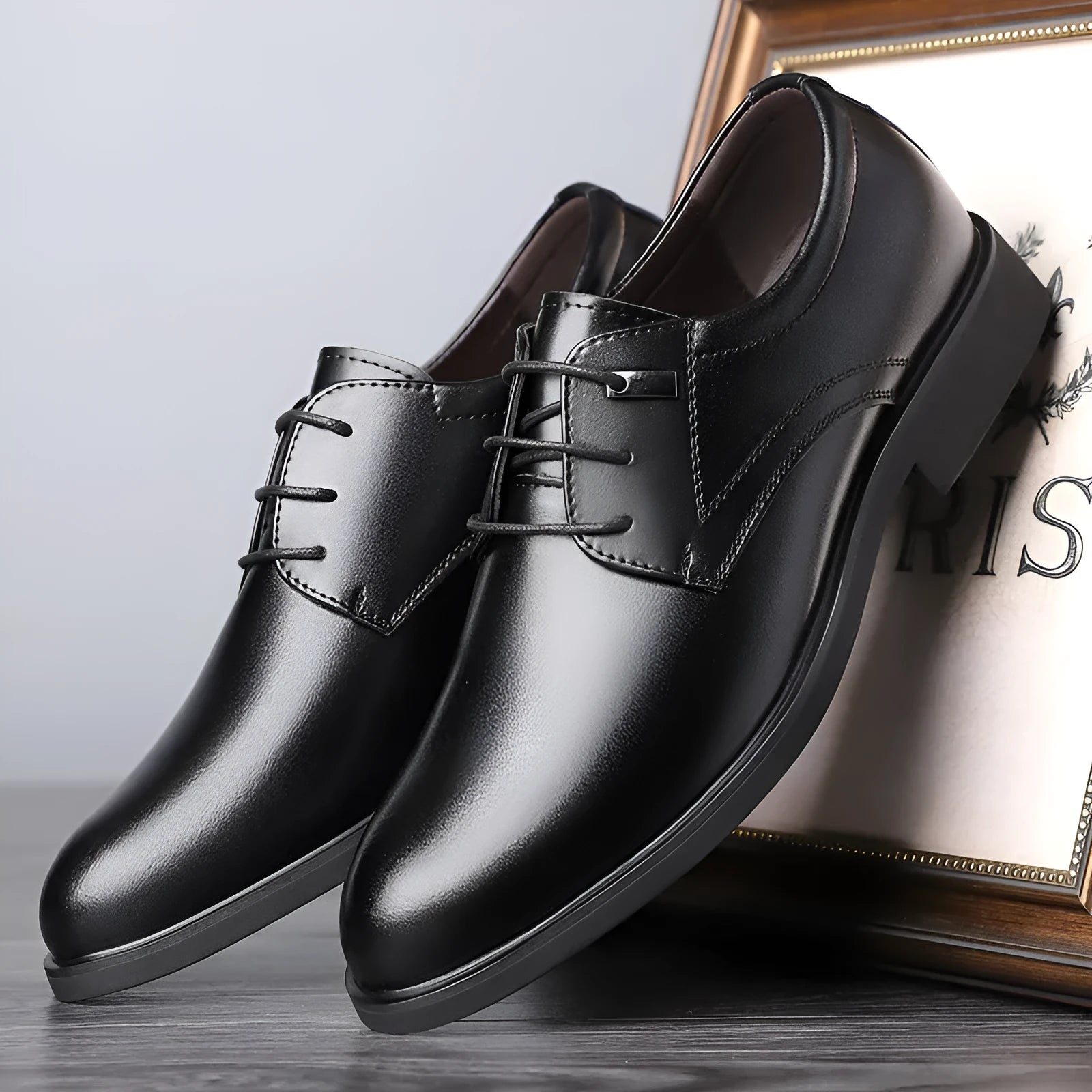 Men's black cowhide leather round toe shoes with non-slip outsole, flat style