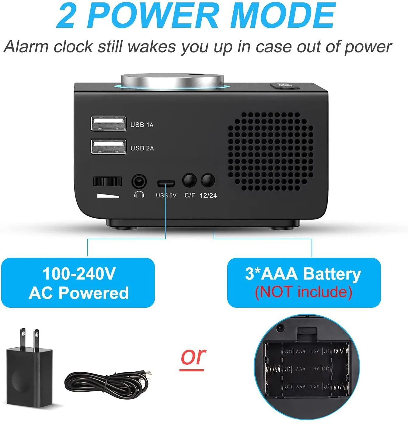 FM radio alarm clock with USB charging port and 3-inch digital display on a bedside table