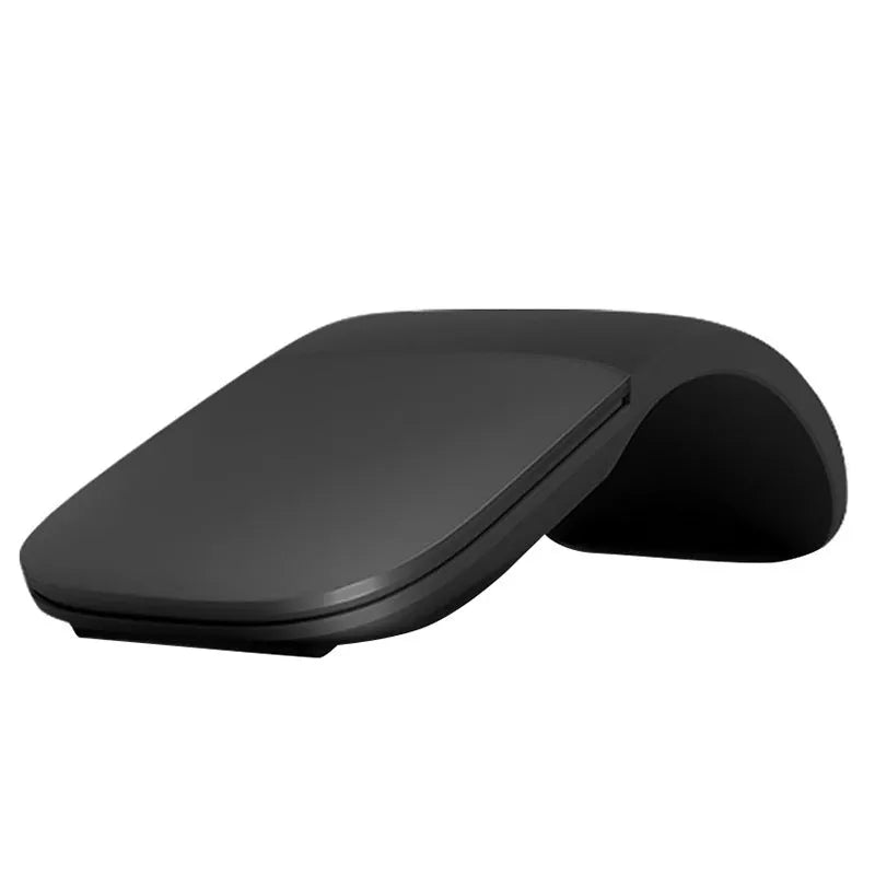 Folding Bluetooth wireless mouse shown in black colour, demonstrating compact folded and unfolded positions