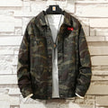 Men's camouflage denim jacket in cotton cowboy fabric, shown as a front view coat