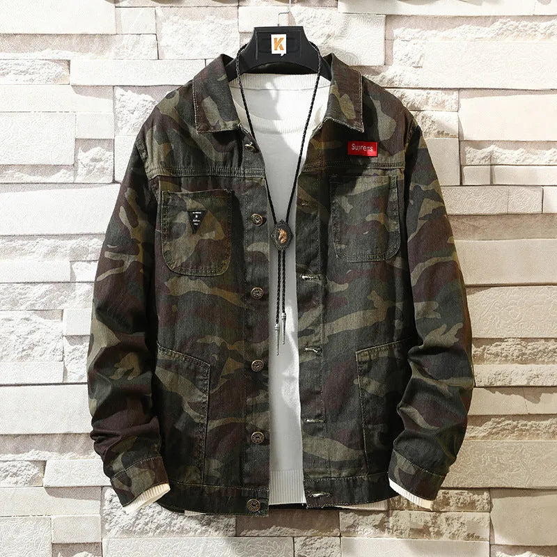 Men's camouflage denim jacket in cotton cowboy fabric, shown as a front view coat