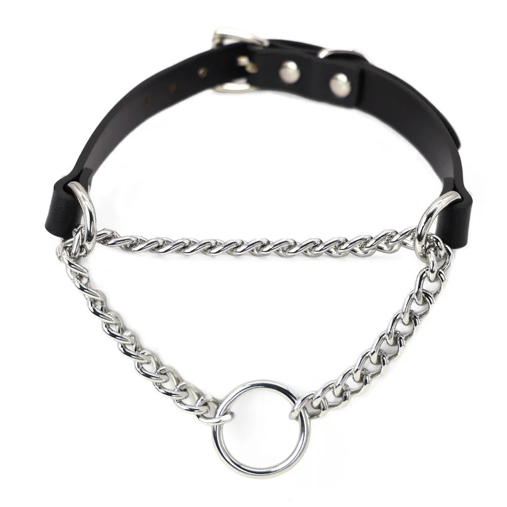 Black leather collar and hand grip rope leash punk accessory set