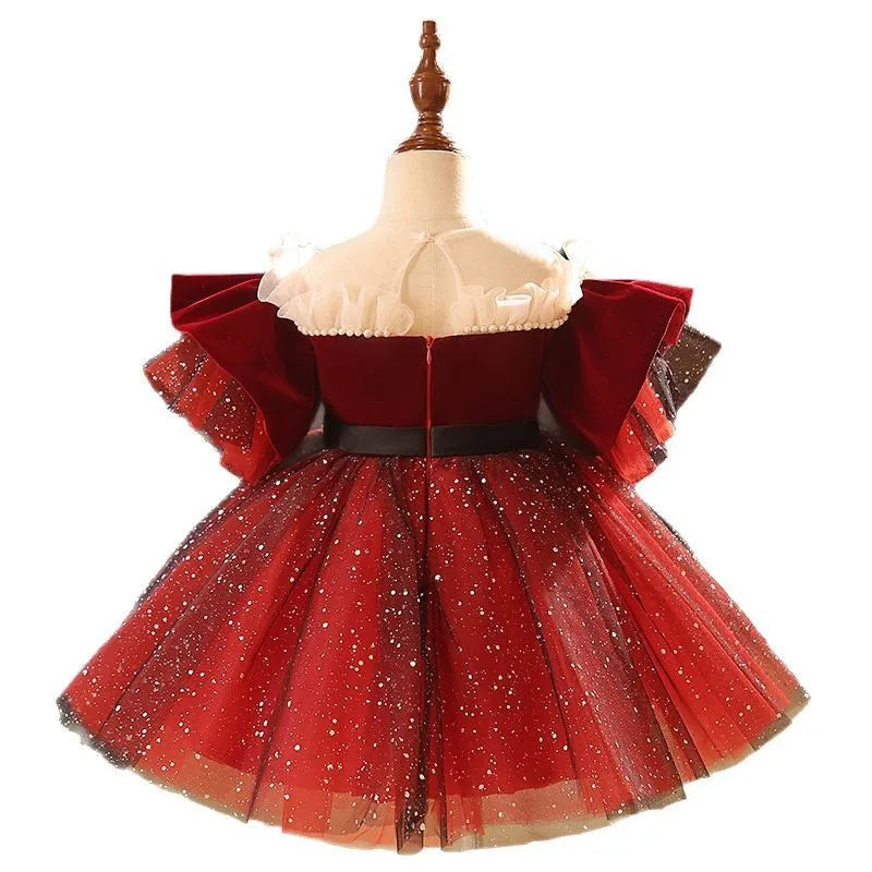 Wine red polyester children's princess dress for girls suitable for heights 80cm to 150cm