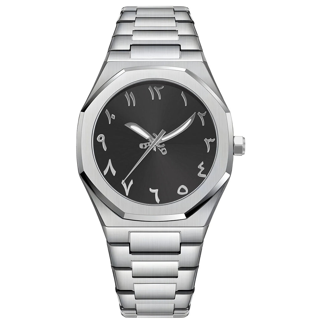 Men's business casual quartz watch with steel bracelet showing slim 10mm case profile