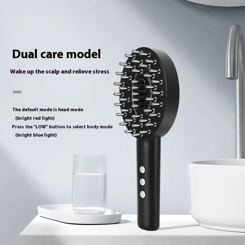 Handheld KD3802 Black scalp massage device with USB charging cable on a plain background.