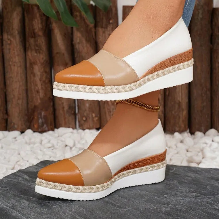 Pointed toe wedge pump with thick hemp rope bottom, multicolor finish, and rubber sole