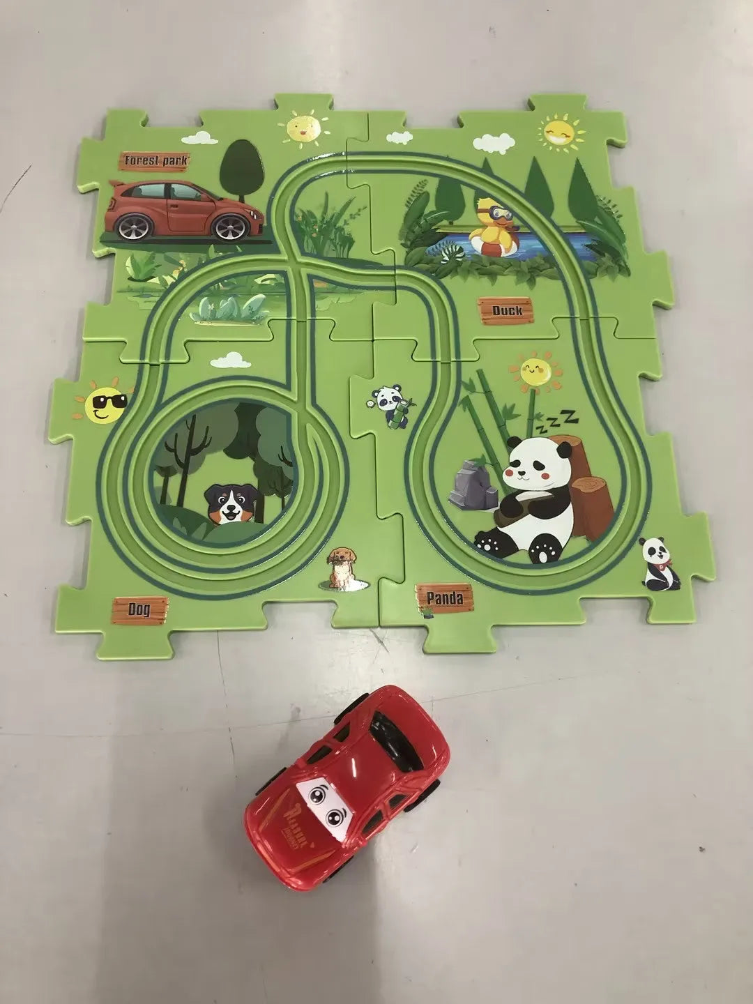 Children puzzle electric railroad speeder DIY assembly track set with automatic car and plastic pieces in multiple themes