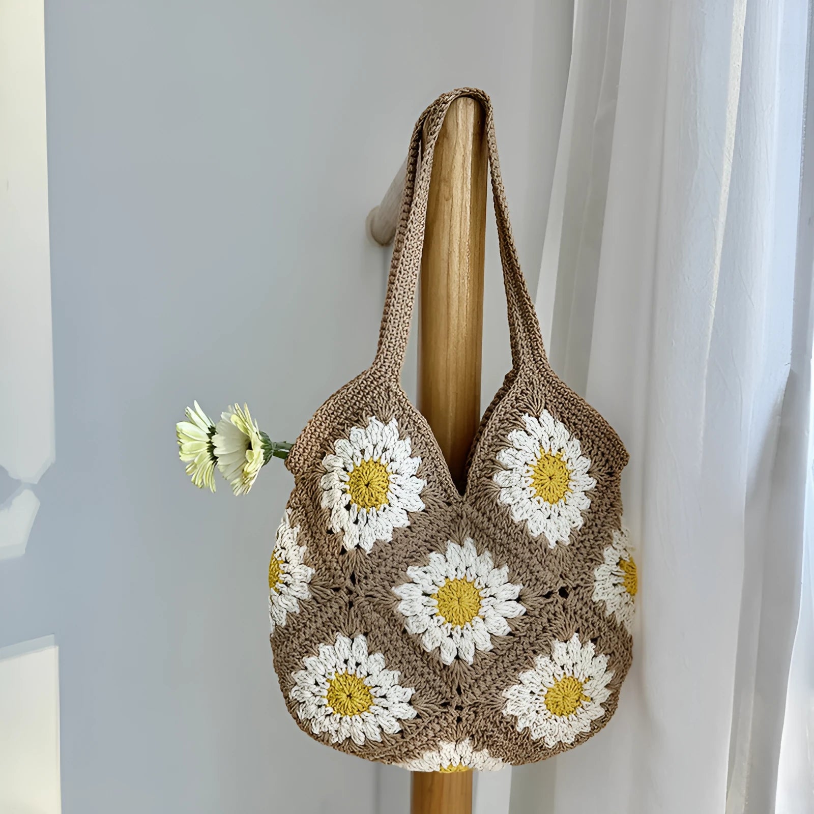 Cotton and linen woven women's shoulder bag bucket bag 29cm height 28cm width brown colour