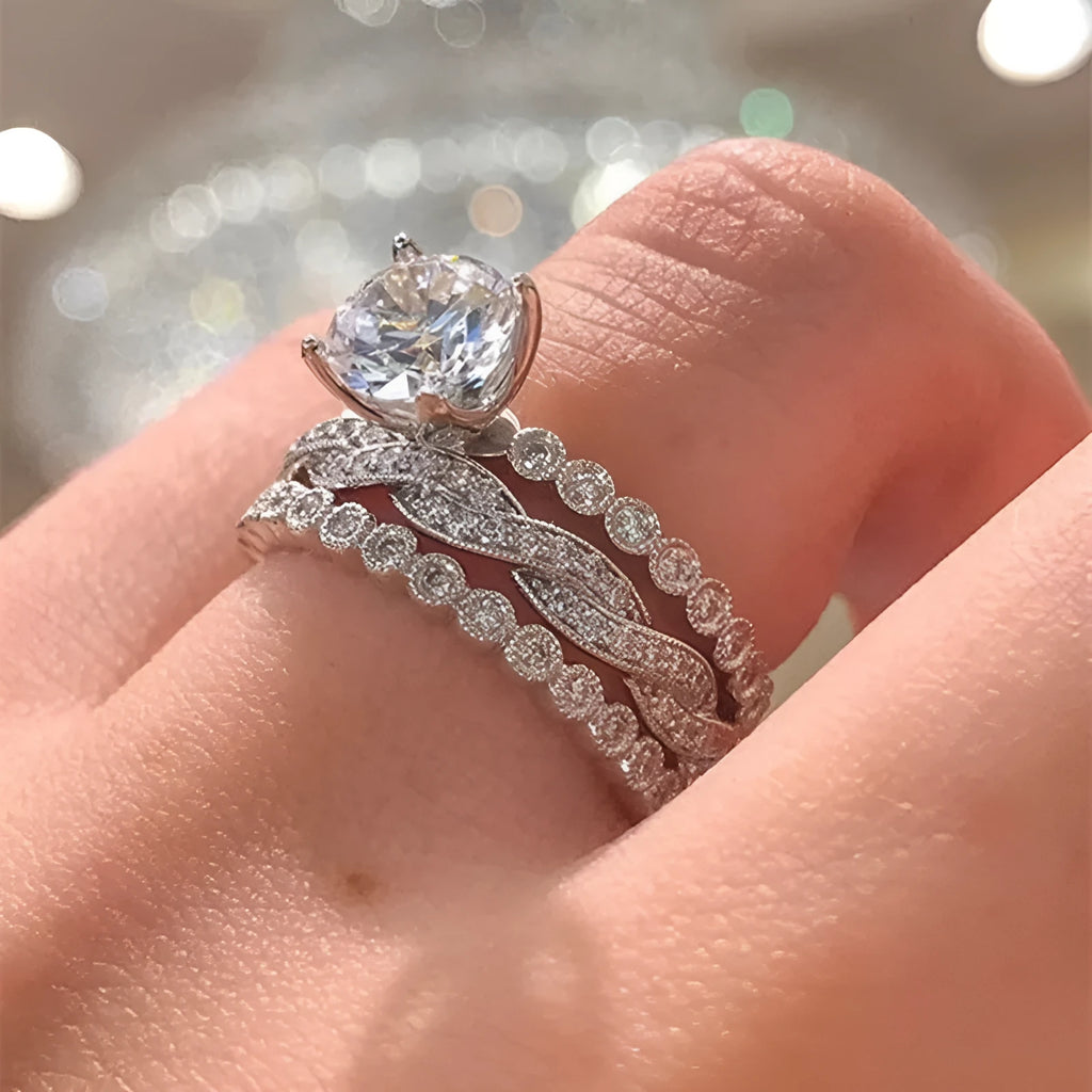 Three ring set copper zircon geometric design Q147 white gold colour for women sizes No.6-10