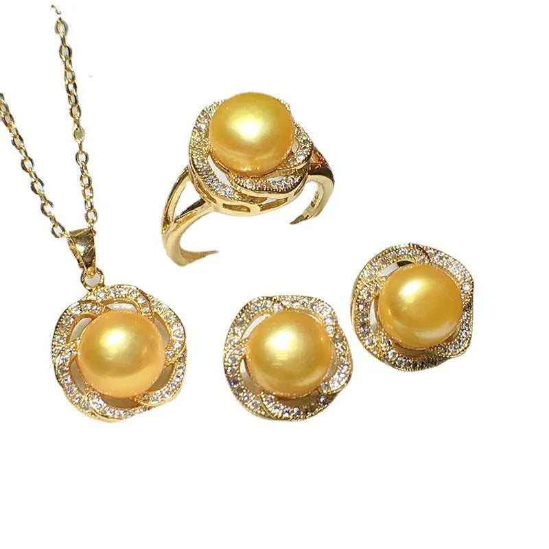 Freshwater pearl necklace, earrings, and ring set in white 8-9mm pearls with box and chain