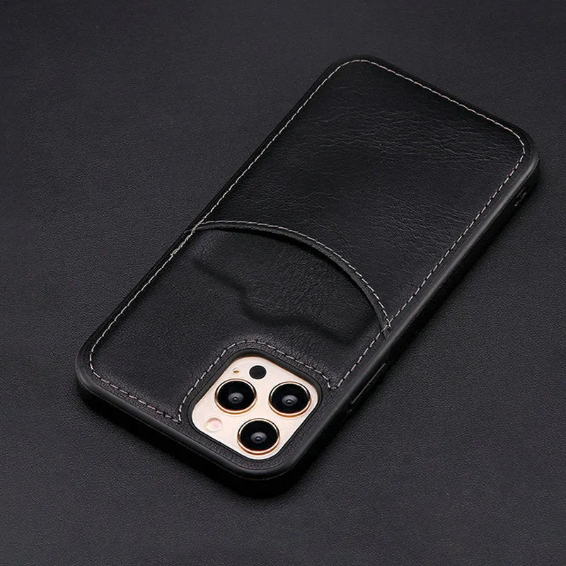 Dark blue PU leather protective case fitted on an iPhone showing precise button and port cutouts.