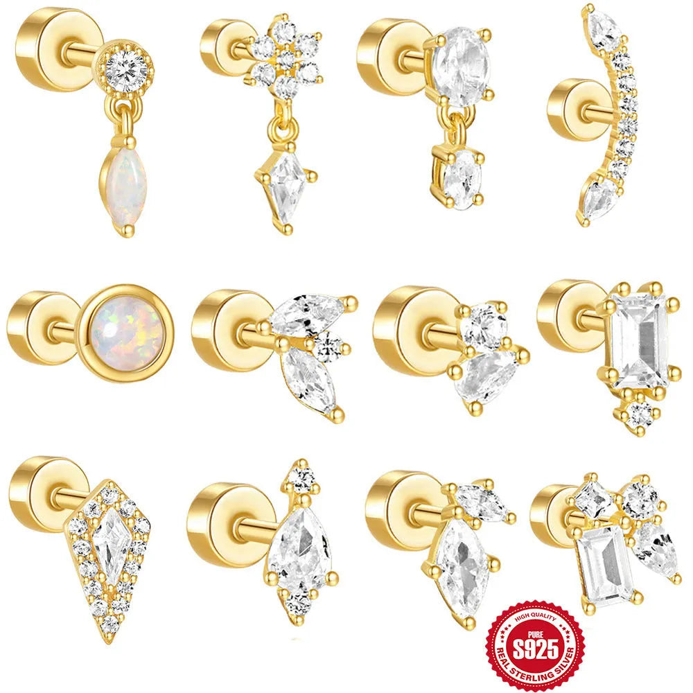 S925 sterling silver flat column threaded ear bone stud in a gold colour finish
