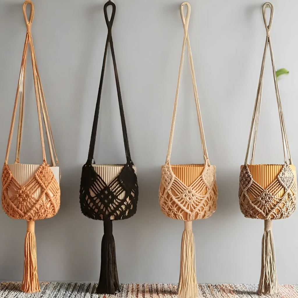 Hand-woven flower pot with net pocket extension cord in various colour options